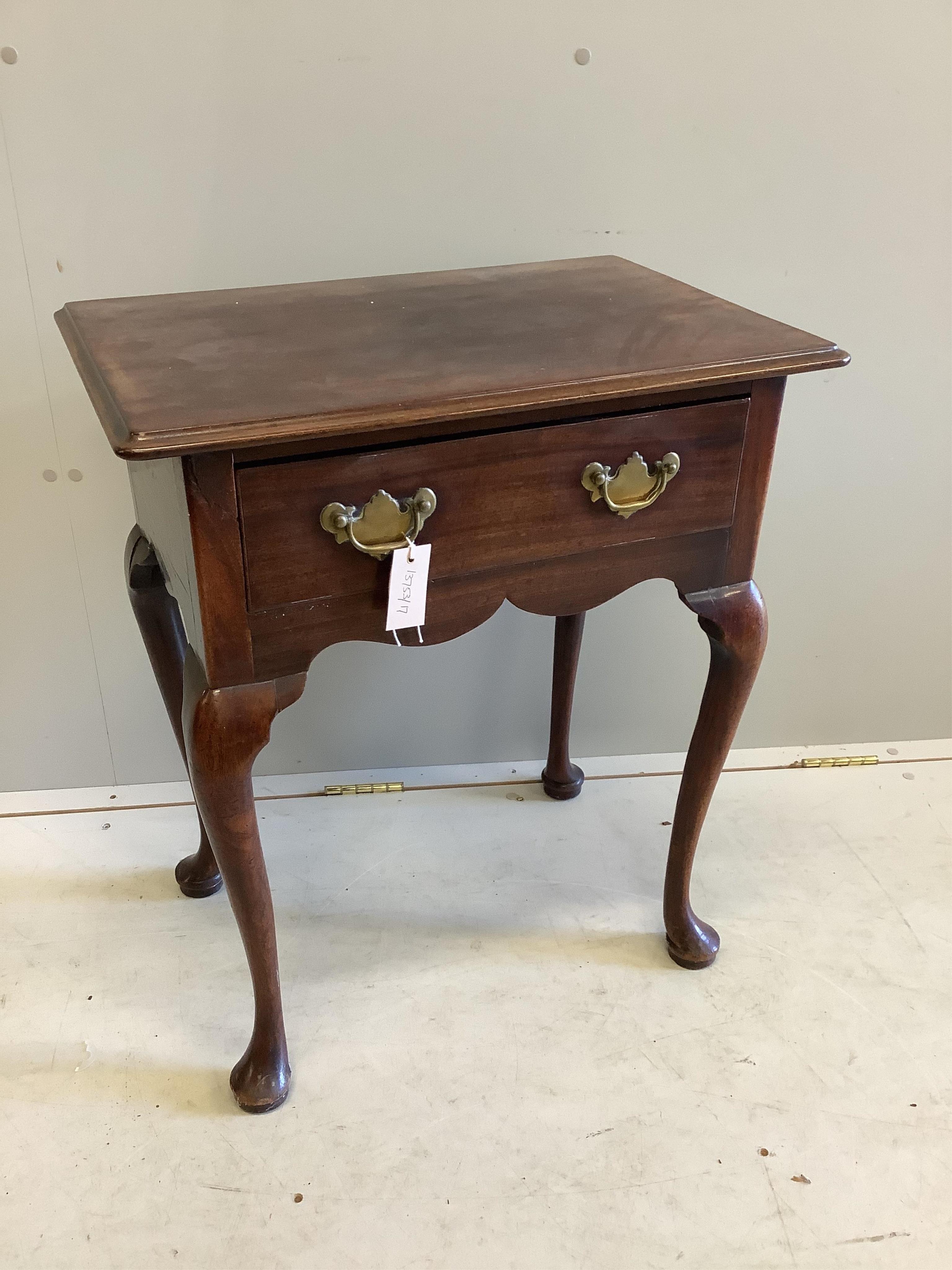 A small Georgian mahogany side table fitted single drawer with brass bail handles, on cabriole legs with pad feet, width 60cm, depth 40cm, height 70cm